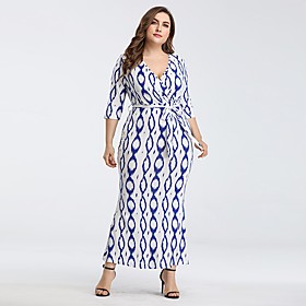 Women's Chiffon Dress Maxi long Dress Blue Blushing Pink Half Sleeve Print Lace up Patchwork Print Summer V Neck Elegant Casual 2021 L XL XXL 3XL / Plus Size