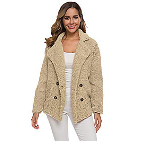 women's open front fleece fluffy jacket oversized casual lapel coat with pockets, khaki, s