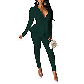 women's 2 piece outfits-long sleeve v neck zipper ruffle hem peplum blazer with bodycon long pants suits green