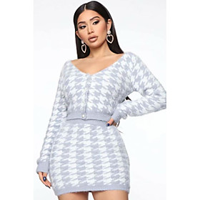 Women's Basic Houndstooth Two Piece Set Sweater Skirt Patchwork Tops