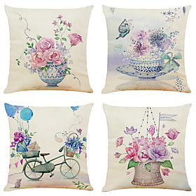 Set of 4 Romantic Eternal Faux Linen Square Decorative Throw Pillow Cases Sofa Cushion Covers 18x18