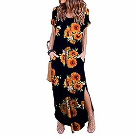 maxi dress for women,kyleon women's casual loose floral printed summer short sleeves elegant long maxi dress with pockets