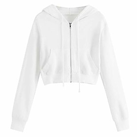 long sleeve crop sweatshirt hooded for women girl fashion solid zip up hoodie casual drawstring tops (white, s)