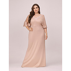 Women's Trumpet / Mermaid Dress Maxi long Dress Beige Half Sleeve Solid Color Sequins Fall Spring V Neck Elegant Formal 2021 4XL 5XL 6XL 7XL / Plus Size