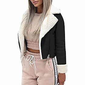 short faux shearling bomber jacket women's lapel suede leather buckle lamb motorcycle jackets coat by-newonesun black