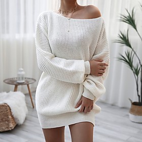 Women's Sweater Jumper Dress Short Mini Dress White Blushing Pink Light gray Long Sleeve Solid Color Patchwork Fall Spring Off Shoulder Casual Lantern Sleeve 2