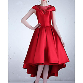 A-Line Luxurious Elegant Wedding Guest Cocktail Party Valentine's Day Dress Illusion Neck Short Sleeve Asymmetrical Satin with Pleats 2021