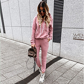 Women's Basic Solid Color Two Piece Set Hoodie Tracksuit Pant Loungewear Jogger Pants Drawstring Patchwork Tops