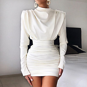 Women's Sheath Dress Short Mini Dress White 3/4 Length Sleeve Solid Color Patchwork Fall Winter Turtleneck Casual 2021 S M L XL