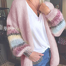Women's Cardigan Color Block Rainbow Color Block Basic Casual Long Sleeve Loose Sweater Cardigans Open Front Fall Winter Yellow Blushing Pink Light Green / Hol