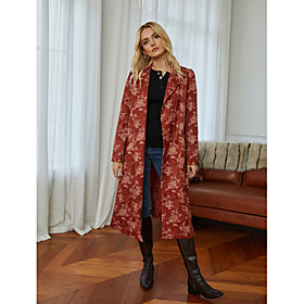 Women's Coat Geometric Print Basic Fall  Winter Long Coat Daily Long Sleeve Jacket Red