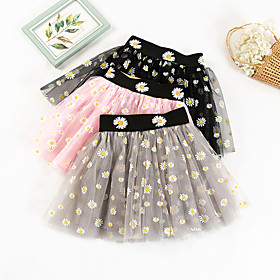 Kids Girls' Skirt Blushing Pink Black Light gray Daisy Floral