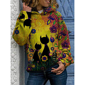 Femme Sweat à capuche Sweat Imprimer Chat À motifs d'animaux du quotidien Coton basique Décontractée Pulls Capuche Pulls molletonnés Bleu Violet Jaune