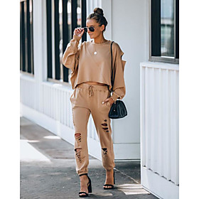 Women's Basic Solid Color Causal Daily Two Piece Set Tracksuit T shirt Pant Loungewear Jogger Pants Drawstring Hole Tops