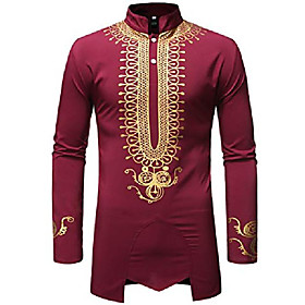 men's traditional african luxury metallic gold printed dashiki shirt wine red xx-large