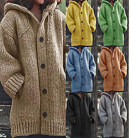 Women's Cardigan Knitted Button Solid Colored Solid Color Basic Casual Keep Warm Cotton Long Sleeve Loose Sweater Cardigans Hooded Fall Winter Fall  Winter Blu