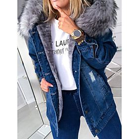 Women's Jacket Solid Colored Patchwork Streetwear Fall  Winter Hooded Regular Coat Daily Long Sleeve Jacket Blue / Loose