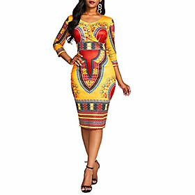 mid-calf v neck three quarter sleeve print women's bodycon dress african midi dress xxl