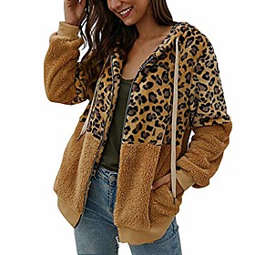 women coat leopard print warm overcoat long sleeve cardigan zipper keep warm parka jacket khaki