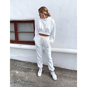 Women's Basic Solid Color Two Piece Set Hoodie Pant Loungewear Drawstring Patchwork Tops