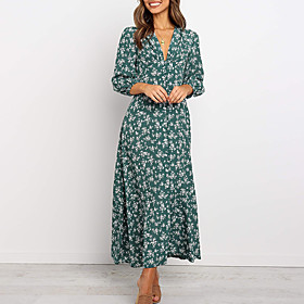 Women's Sheath Dress Maxi long Dress Green Navy Blue 3/4 Length Sleeve Floral Split Print Summer V Neck Casual 2021 S M L XL
