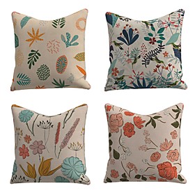 Set of 4 Linen Cotton / Linen Pillow Cover Pillowcase Sofa Cushion Square Throw Pillow Colorful Leaves Flowers Pillows Case 4545cm