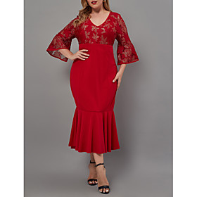 Women's Sheath Dress Midi Dress Red Long Sleeve Floral Ruffle Lace Fall Spring V Neck Sexy Flare Cuff Sleeve 2021 XS S M L XL