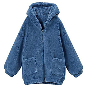 women's winter hooded full zip fuzzy faux shearling baggy oversized teddy coat with pocket (blue, small)