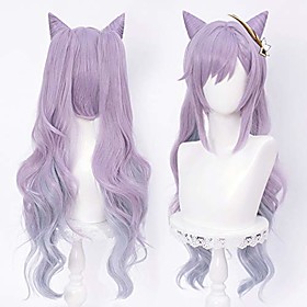 pastel purple pigtails wig with horns for keqing genshin impact game anime cosplay hair wigs with twin ponytails(no pin)