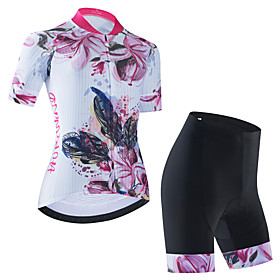 21Grams Women's Short Sleeve Cycling Jersey with Bib Shorts Cycling Jersey with Shorts Summer Polyester White Black BlackWhite Floral Botanical Bike Clothing S