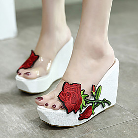Women's Sandals Wedge Heel Peep Toe Wedge Sandals Classic Daily PU Sequin Color Block White Black Pink
