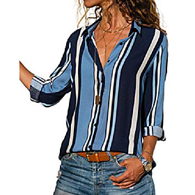 womens casual shirt collar tops striped patchwork printed blouse button down long sleeve shirts for women navy blue