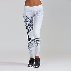 Women's Sporty Comfort Sports Gym Yoga Leggings Pants Plants Ankle-Length Patchwork Print White Black