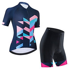 21Grams Women's Short Sleeve Cycling Jersey with Bib Shorts Cycling Jersey with Shorts Summer Polyester Black Dark Navy BlackWhite Plaid Bike Clothing Suit 3D