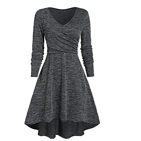 Women's Swing Dress Midi Dress Wine Gray Green Long Sleeve Solid Color Patchwork Plus High Low Fall Winter V Neck Casual Christmas 2021 S M L XL XXL 3XL / Cott