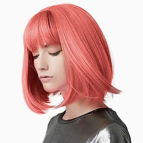 forfeel short bob wig with bangs synthetic straight hair 10inch bob cut wig for white black women natural as real hair (pink)