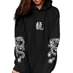 Femme Sweat à capuche Sweat Dragon Graphique Poche avant du quotidien basique Décontractée Pulls Capuche Pulls molletonnés Noir