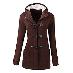 women long sleeve solid color zip up horn buckle coats jacket outwear coffee