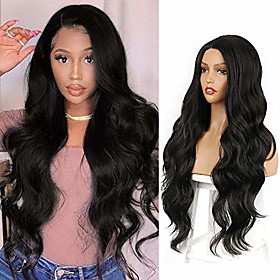 30 inch body wave wig long wave black wigs for women side part synthetic hair wigs natural looking heat resistant full wig (30inches)
