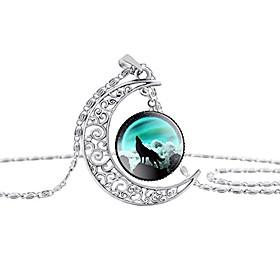 dome moon howling wolf time gems pendant necklaces hollow out carved fashion jewelry(style 6)