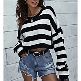 Women's Sweater Striped Solid Colored Long Sleeve Crop Top Round Neck Basic Casual Tops Black And White