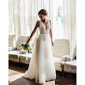 A-Line Wedding Dresses V Neck Floor Length Lace Tulle Sleeveless Simple Beach with Pleats Appliques 2021