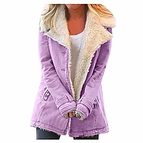 womens outwears plus size lapel fleece lined jacket long sleeve pocket button down winter coats purple