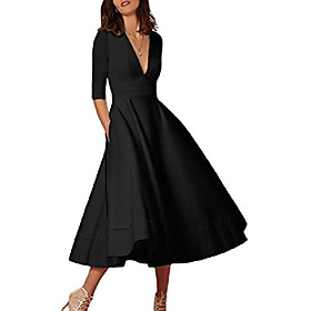 Women's A Line Dress Midi Dress Creamy-white Blue Blushing Pink Wine White Black Red 3/4-Length Sleeve Solid Color Summer Classic  Timeless Chic  Modern Slim 2
