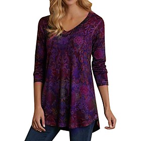 Women's Plus Size Blouse Peplum Shirt Floral Color Block Long Sleeve Patchwork Print V Neck Tops Loose Blue Purple Wine