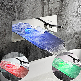 Wall Mounted Bathroom Sink Faucet,Single Handle Two Holes LED  Waterfall Contemporary Chromium Plating Bath Taps with Hot and Cold Water