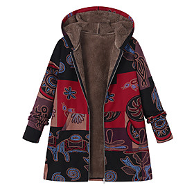Women's Trench Coat Print Vintage Fall  Winter Hooded Long Coat Daily Long Sleeve Jacket Yellow