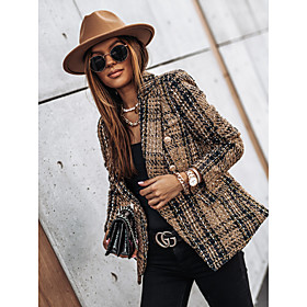 Women's Blazer Geometric Print Coat Fall  Winter Business Double Breasted Jacket Green / Notch lapel collar / Cotton
