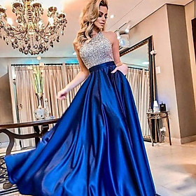 Women's A Line Dress Maxi long Dress Blue Sleeveless Solid Color Backless Sequins Patchwork Fall Round Neck Formal Party Loose 2021 S M L XL