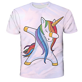 Kids Girls' T shirt Tee Short Sleeve Unicorn Patchwork Graphic 3D Animal Print Beige Children Tops Summer Active Cute